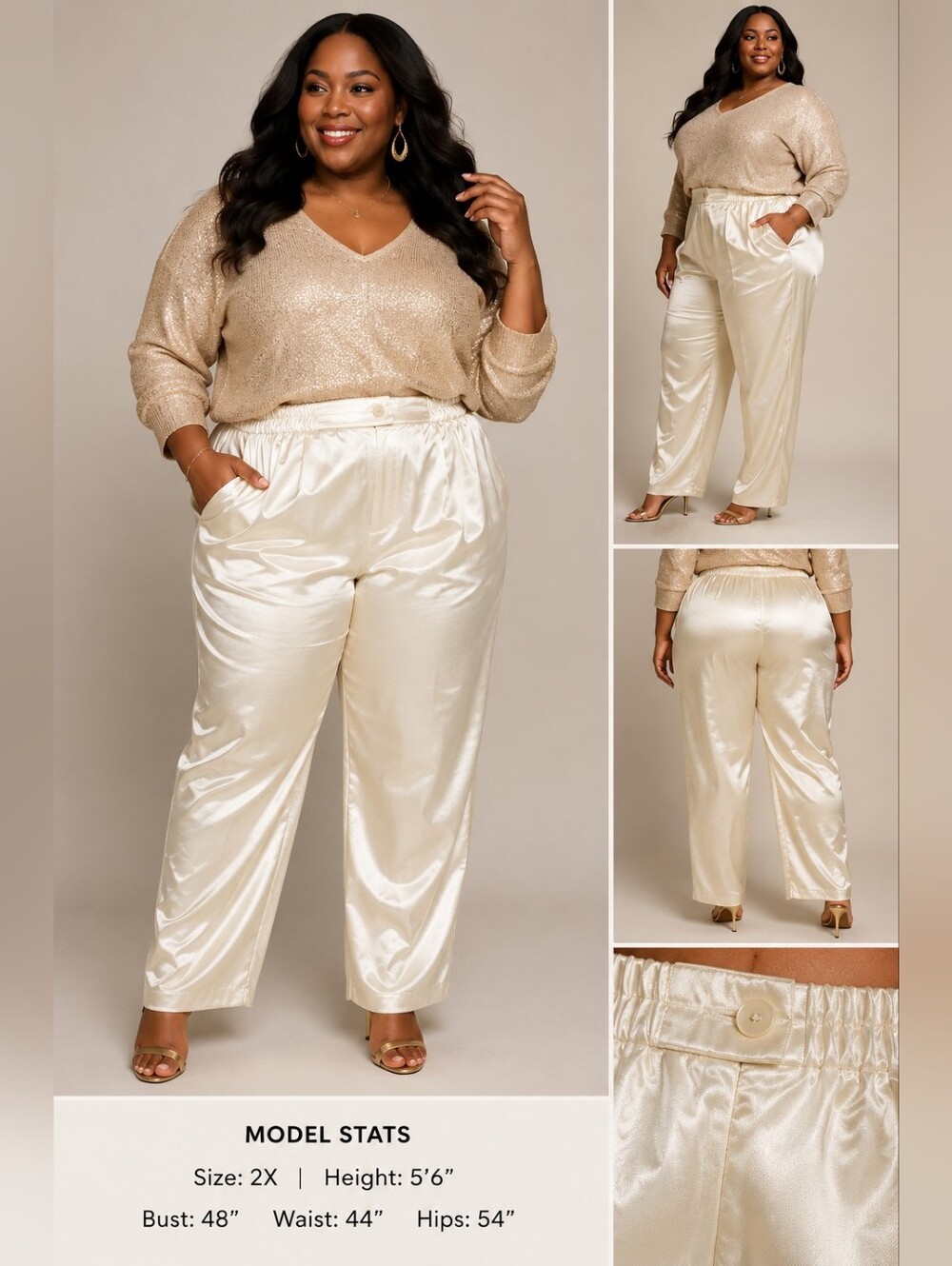 Maggie Sweet Ivory Satin Pull On Pants Women Size 2X Event Formal Wide Leg